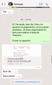 Captura de tela da conversa entre a esposa do prefeito e o contratante (Foto: Divulgação/Reprodução).